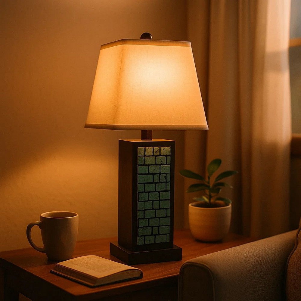 Rectangular Metal Frame Table Lamp with Brick Pattern, White and Blue