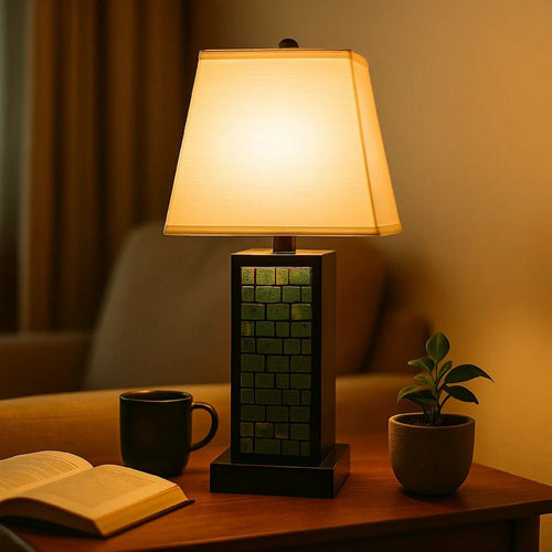 Rectangular Metal Frame Table Lamp with Brick Pattern, White and Blue
