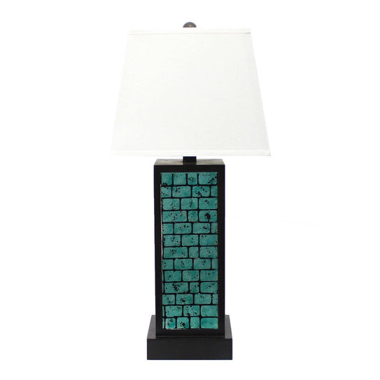 Rectangular Metal Frame Table Lamp with Brick Pattern, White and Blue