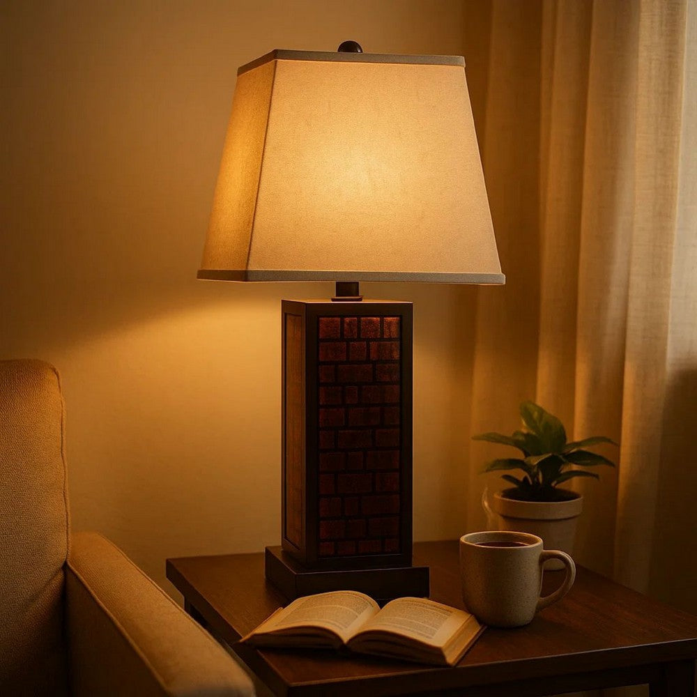Rectangular Metal Frame Table Lamp with Brick Pattern, Beige and Brown