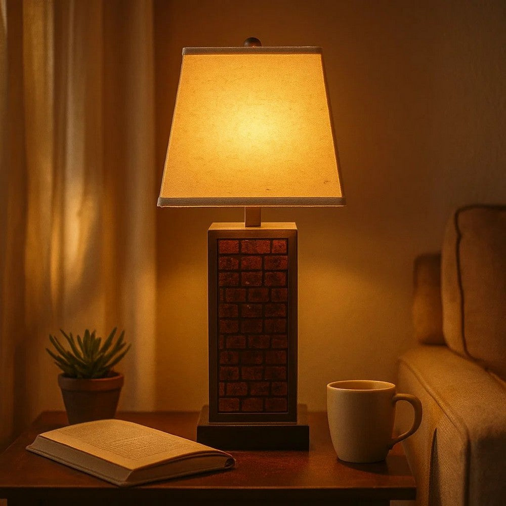 Rectangular Metal Frame Table Lamp with Brick Pattern, Beige and Brown