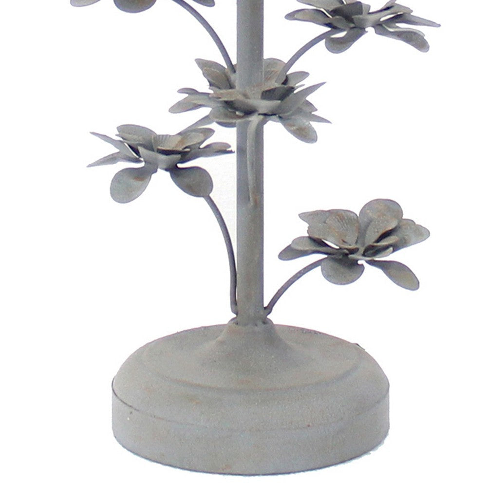 Flower Tree Design Metal Table Lamp with Tapered Drum Shade Gray and Beige BM217241