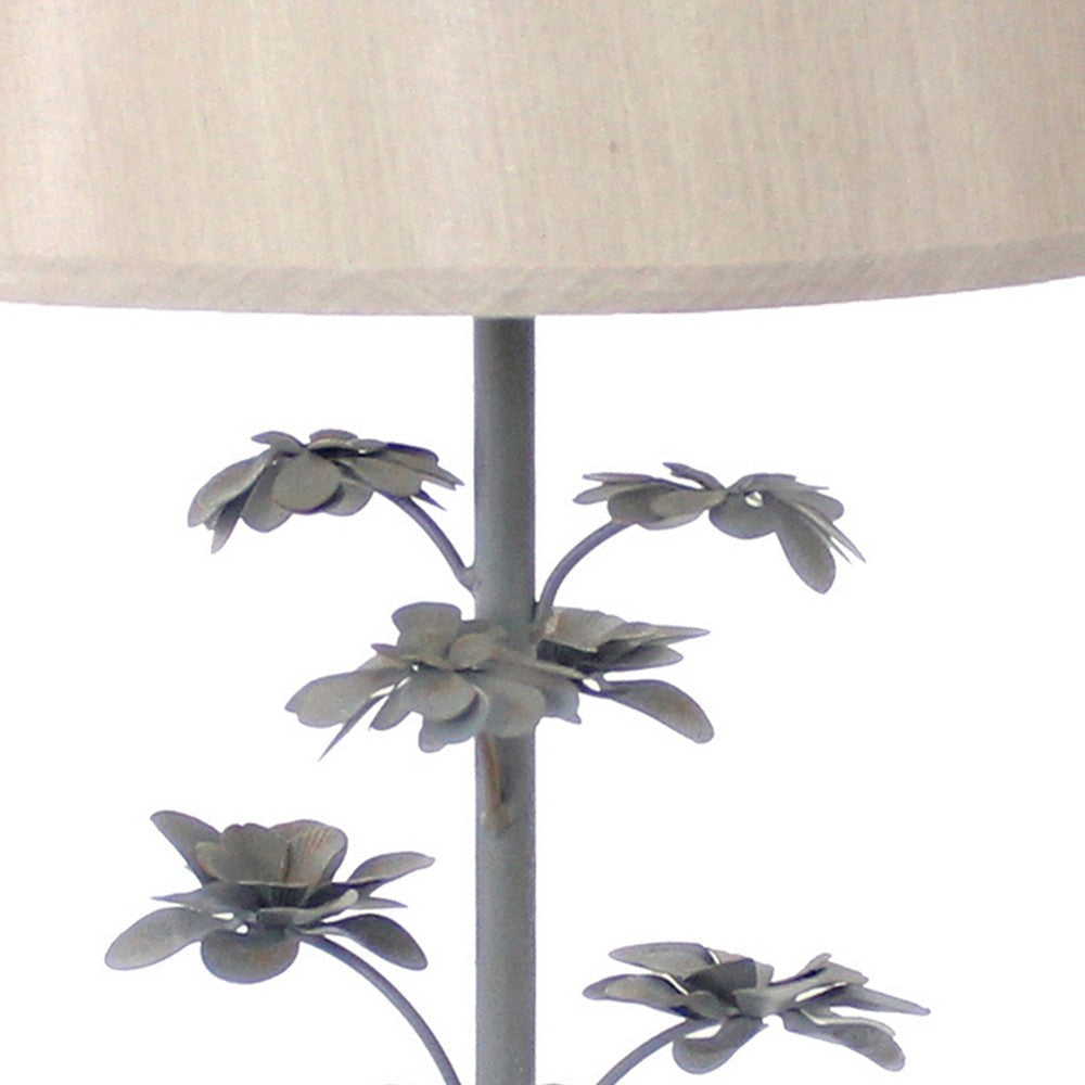 Flower Tree Design Metal Table Lamp with Tapered Drum Shade Gray and Beige BM217241