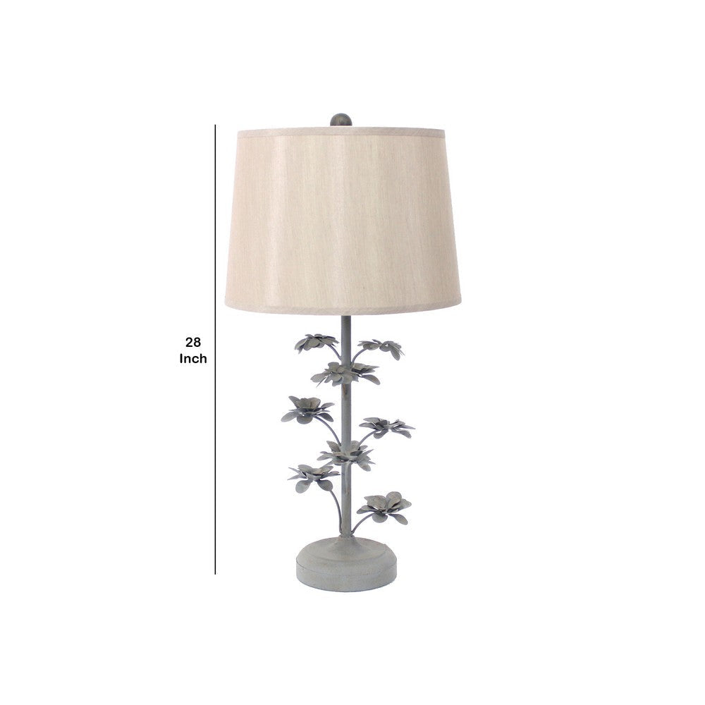 Flower Tree Design Metal Table Lamp with Tapered Drum Shade Gray and Beige BM217241