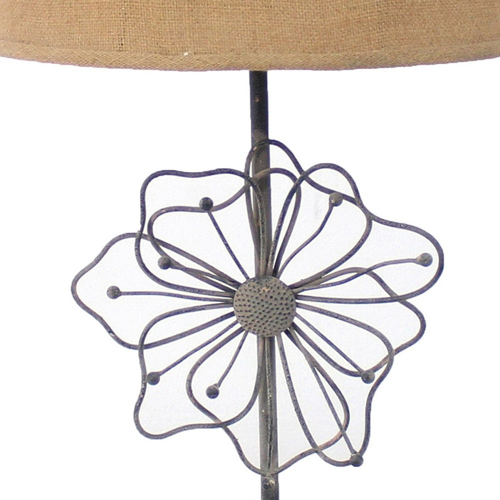 Metal Table Lamp with Flower Accent and Block Base,Beige and Gray BM217243