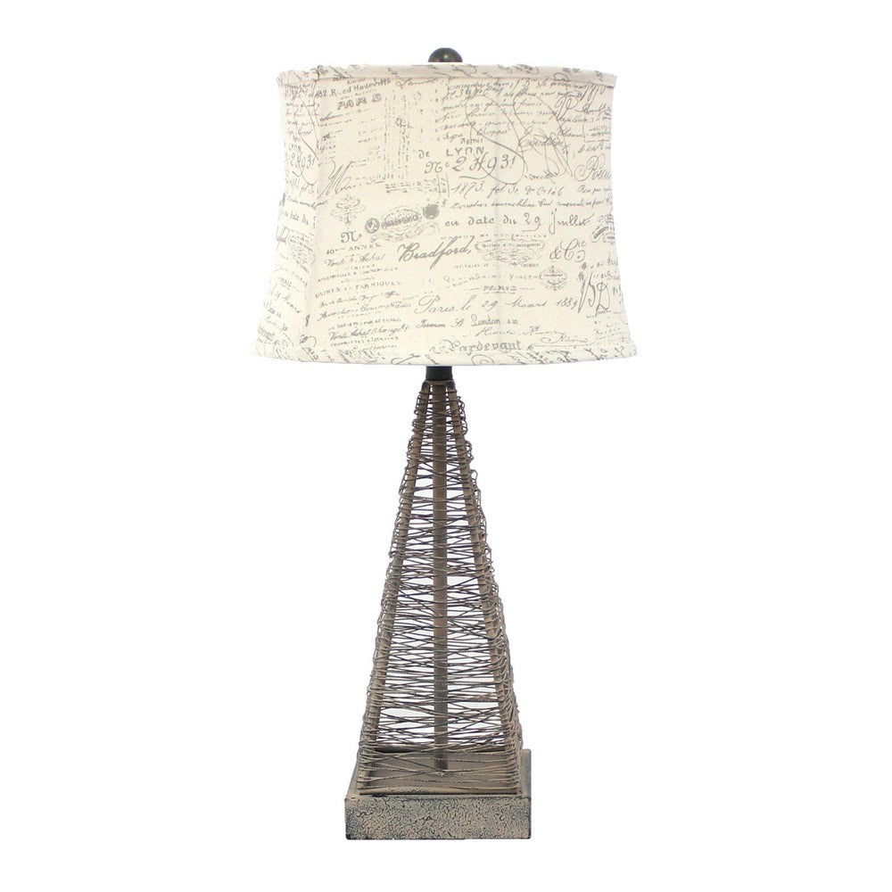 Metal Pyramid Base Table Lamp with Wire Design and Scripted Shade, Gray