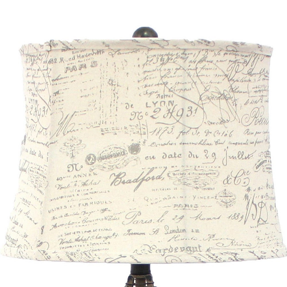 Metal Pyramid Base Table Lamp with Wire Design and Scripted Shade, Gray