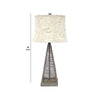 Metal Pyramid Base Table Lamp with Wire Design and Scripted Shade, Gray