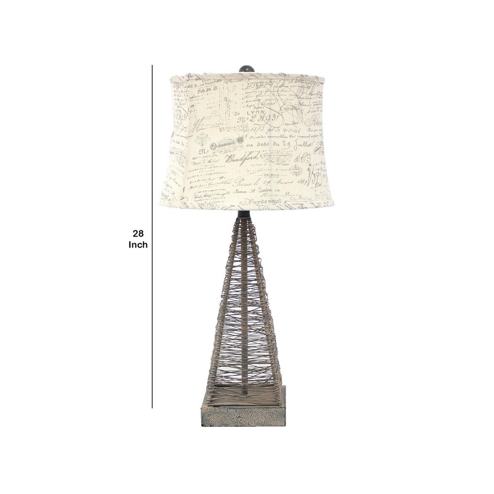 Metal Pyramid Base Table Lamp with Wire Design and Scripted Shade, Gray
