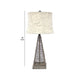 Metal Pyramid Base Table Lamp with Wire Design and Scripted Shade, Gray