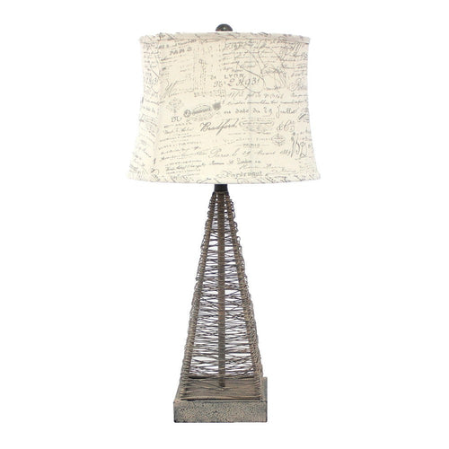 Metal Pyramid Base Table Lamp with Wire Design and Scripted Shade, Gray
