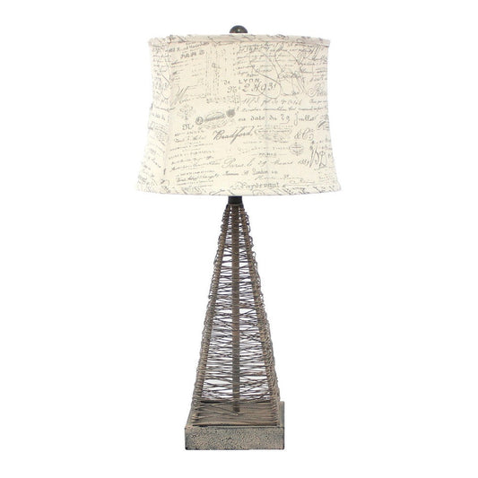 Metal Pyramid Base Table Lamp with Wire Design and Scripted Shade, Gray