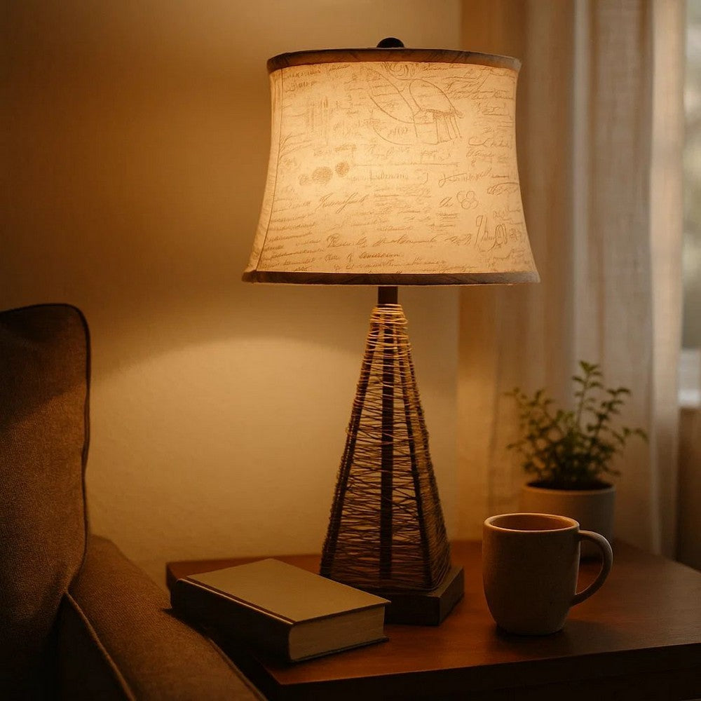 Metal Pyramid Base Table Lamp with Wire Design and Scripted Shade, Gray