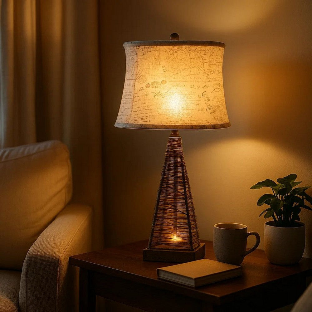 Metal Pyramid Base Table Lamp with Wire Design and Scripted Shade, Gray