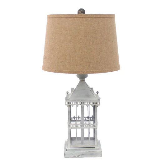Metal Temple Design Base Table Lamp with Fabric Shade, Beige and Gray
