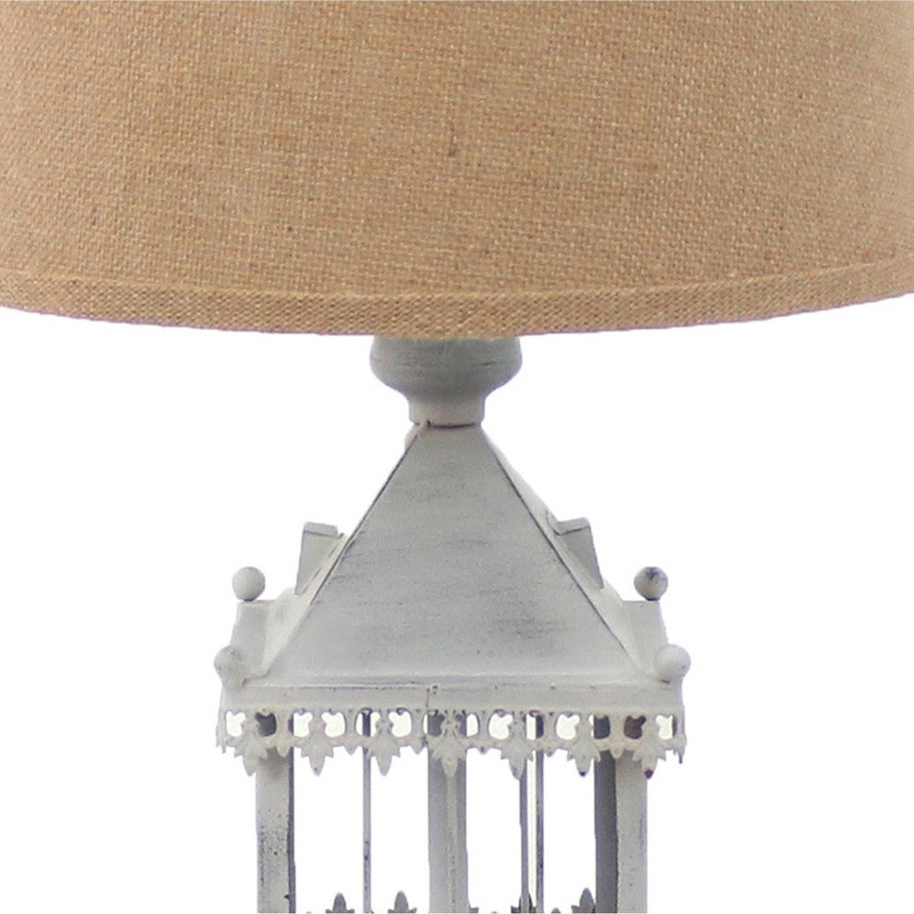 Metal Temple Design Base Table Lamp with Fabric Shade, Beige and Gray
