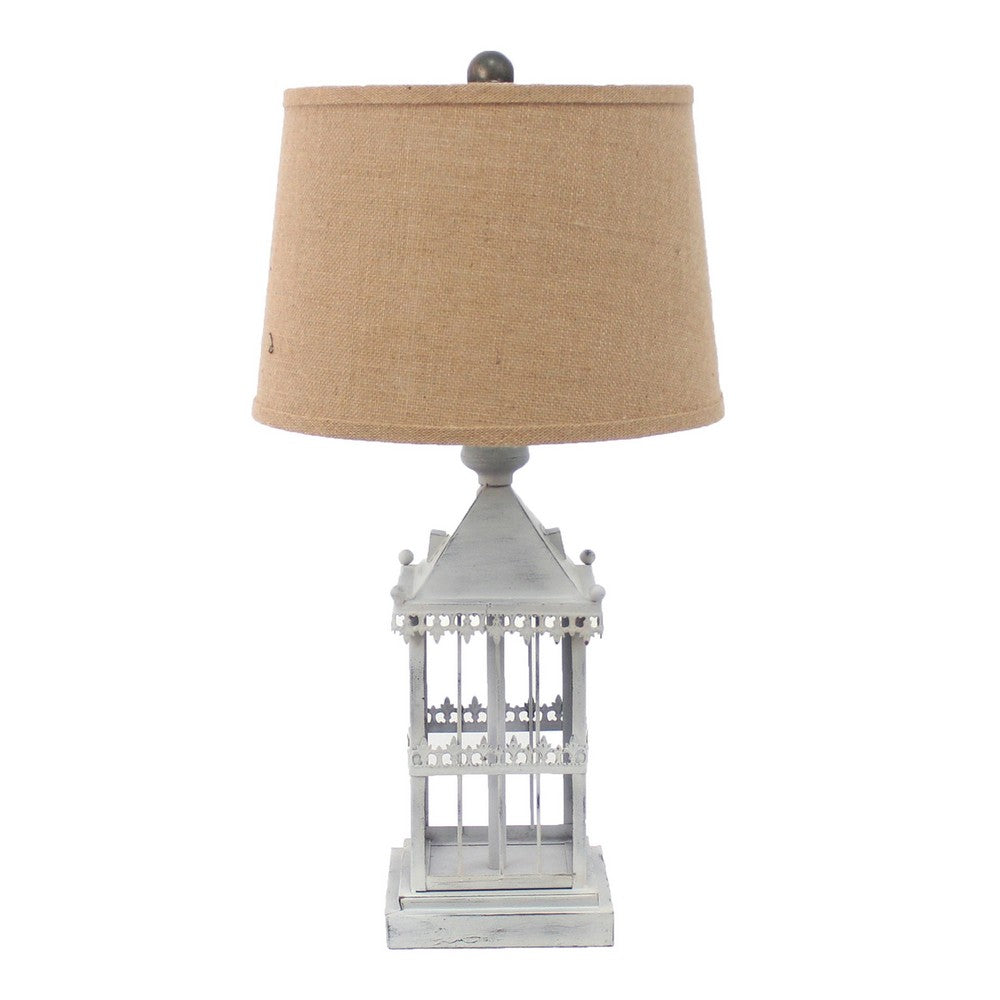 Metal Temple Design Base Table Lamp with Fabric Shade, Beige and Gray