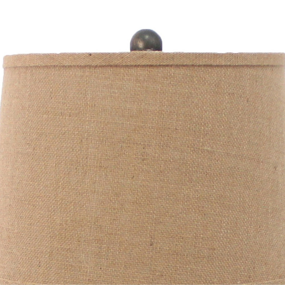 Metal Temple Design Base Table Lamp with Fabric Shade, Beige and Gray