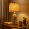 Metal Temple Design Base Table Lamp with Fabric Shade, Beige and Gray