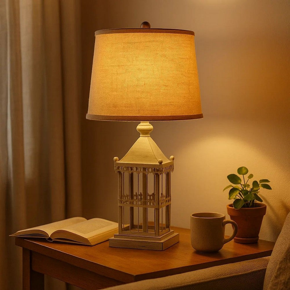 Metal Temple Design Base Table Lamp with Fabric Shade, Beige and Gray