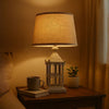 Metal Temple Design Base Table Lamp with Fabric Shade, Beige and Gray
