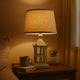 Metal Temple Design Base Table Lamp with Fabric Shade, Beige and Gray