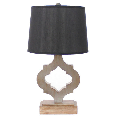 Wooden Table Lamp with Quatrefoil Design Base, Black and Antique White