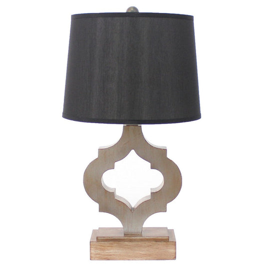 Wooden Table Lamp with Quatrefoil Design Base, Black and Antique White