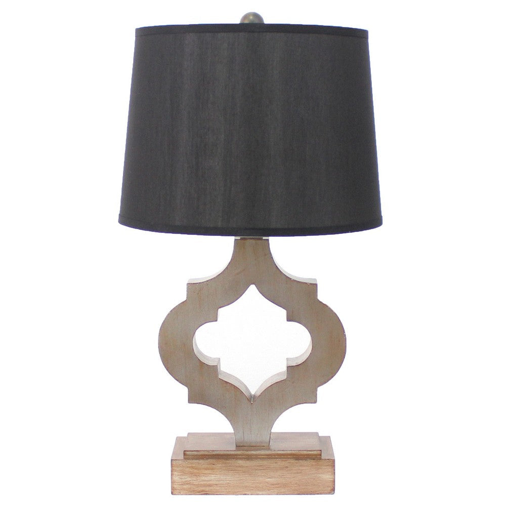 Wooden Table Lamp with Quatrefoil Design Base, Black and Antique White