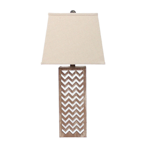 Table Lamp with Chevron Pattern and Mirror Inlay,Brown and Silver