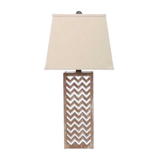 Table Lamp with Chevron Pattern and Mirror Inlay,Brown and Silver
