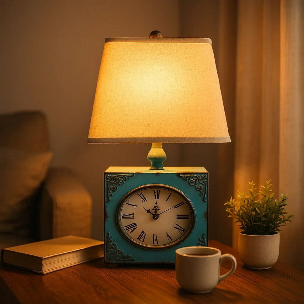 Clock Design Metal Table Lamp with Tapered Shade, Blue and Beige
