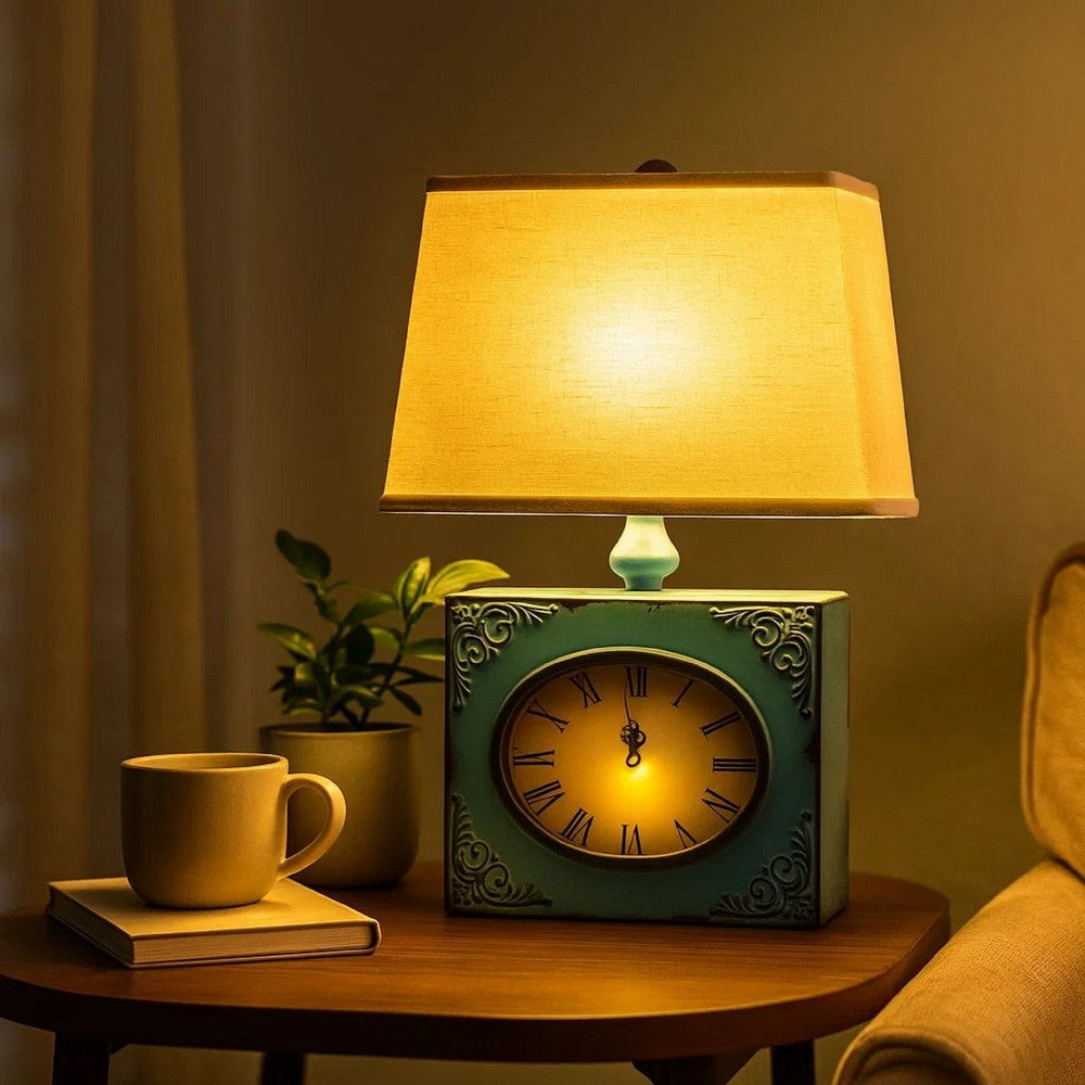Clock Design Metal Table Lamp with Tapered Shade, Blue and Beige