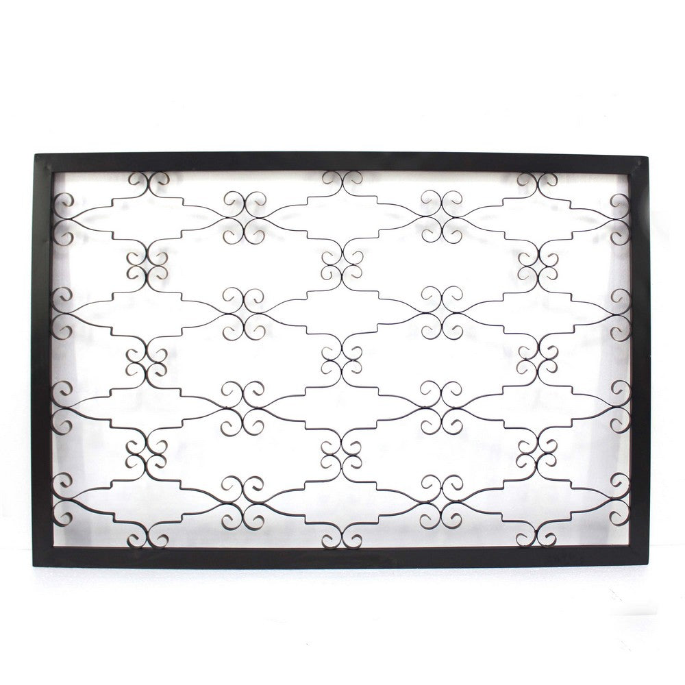 Rectangular Metal Frame Wall Decor with Curved Design Accents, Black