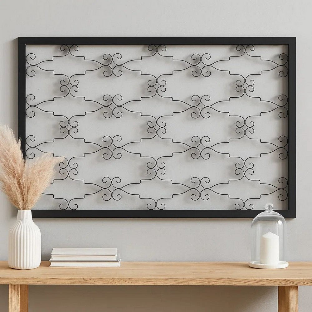 Rectangular Metal Frame Wall Decor with Curved Design Accents, Black