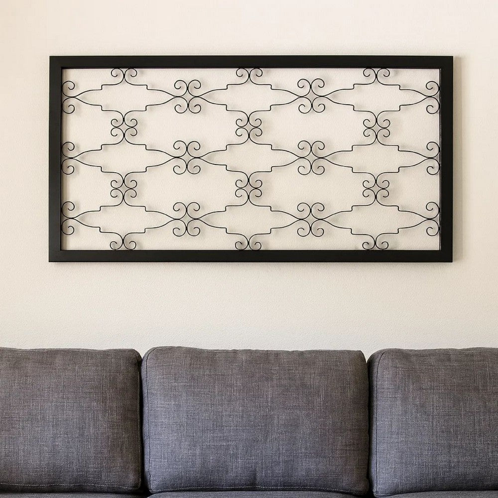 Rectangular Metal Frame Wall Decor with Curved Design Accents, Black
