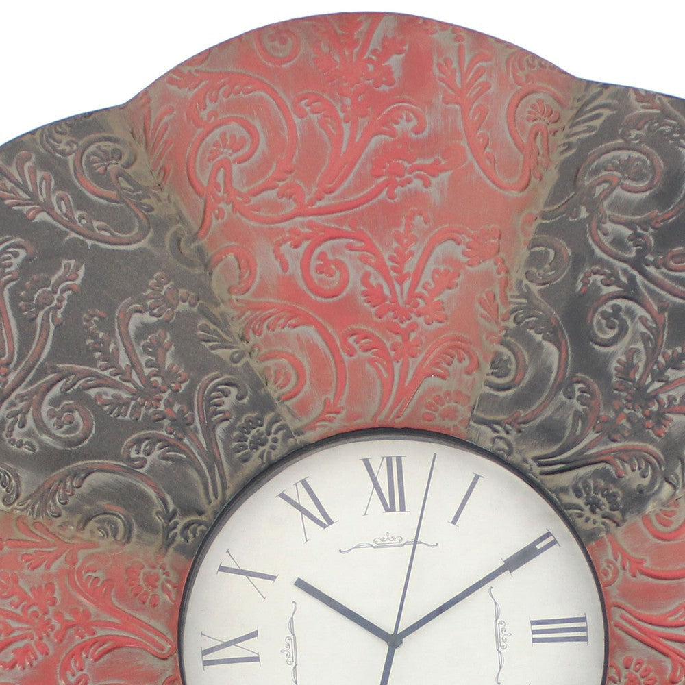Blooming Flower Design Metal Wall Clock with Scroll Motifs Red and Black BM217263