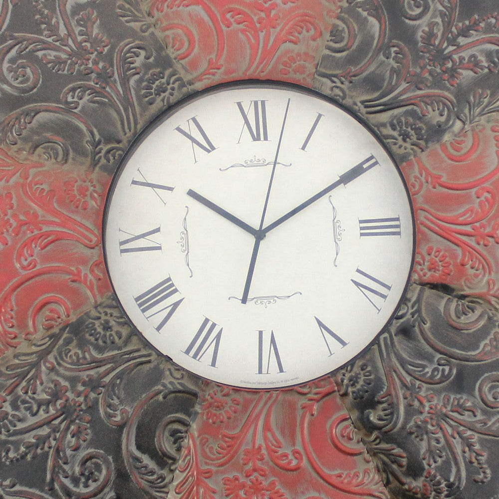 Blooming Flower Design Metal Wall Clock with Scroll Motifs Red and Black BM217263