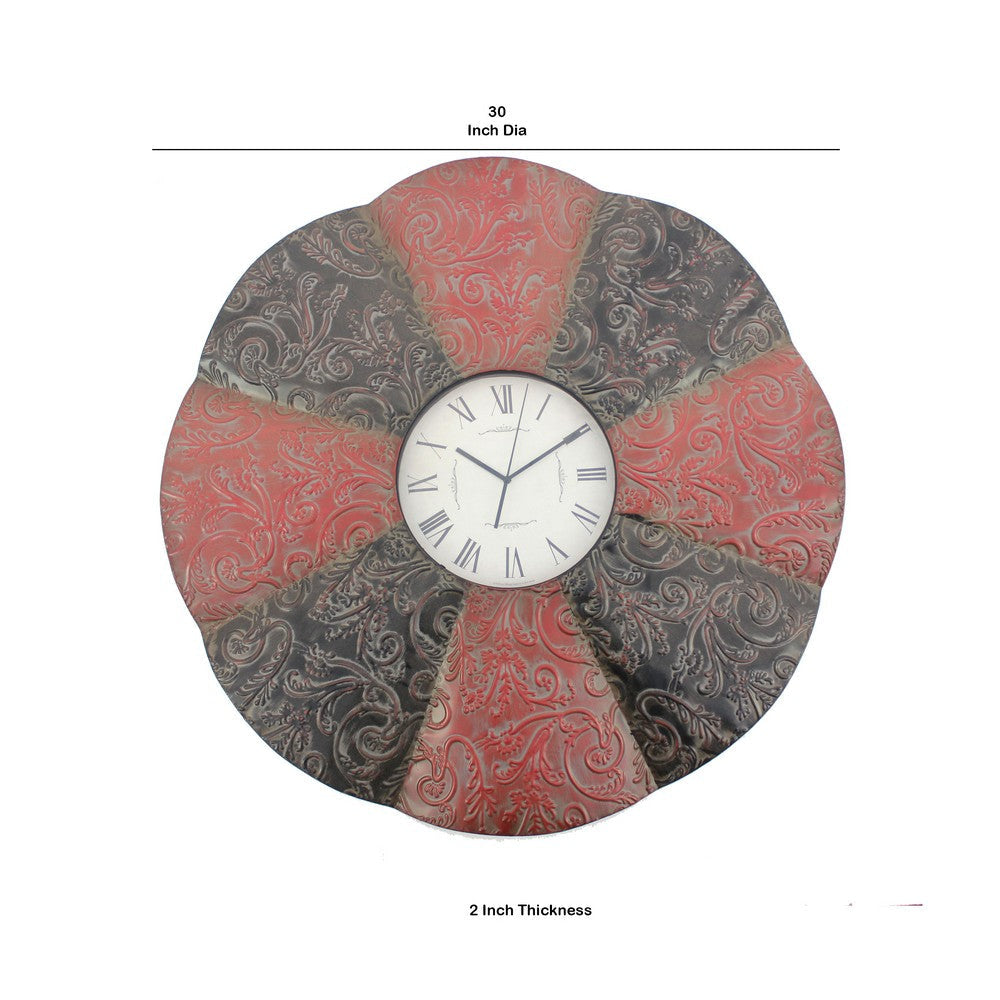 Blooming Flower Design Metal Wall Clock with Scroll Motifs Red and Black BM217263