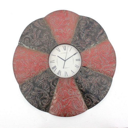 Blooming Flower Design Metal Wall Clock with Scroll Motifs, Red and Black