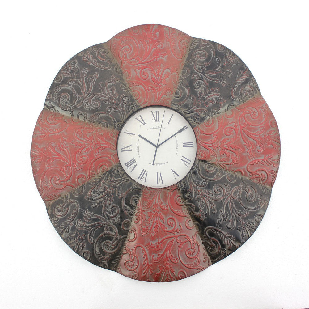 Blooming Flower Design Metal Wall Clock with Scroll Motifs, Red and Black