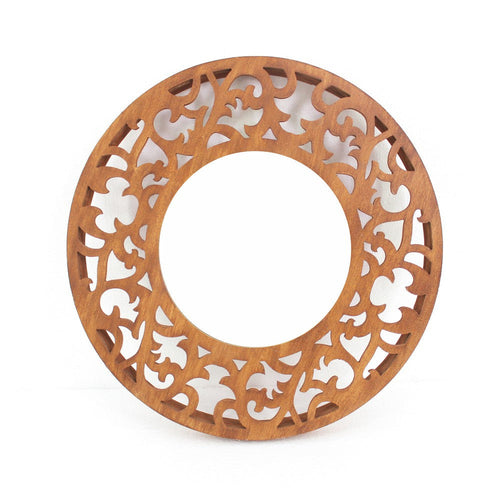 Round Wooden Wall Mirror with Scroll Cut Out Design, Silver and Brown