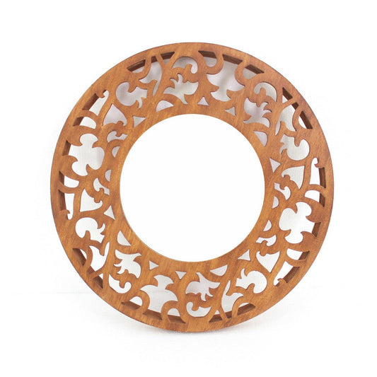 Round Wooden Wall Mirror with Scroll Cut Out Design, Silver and Brown