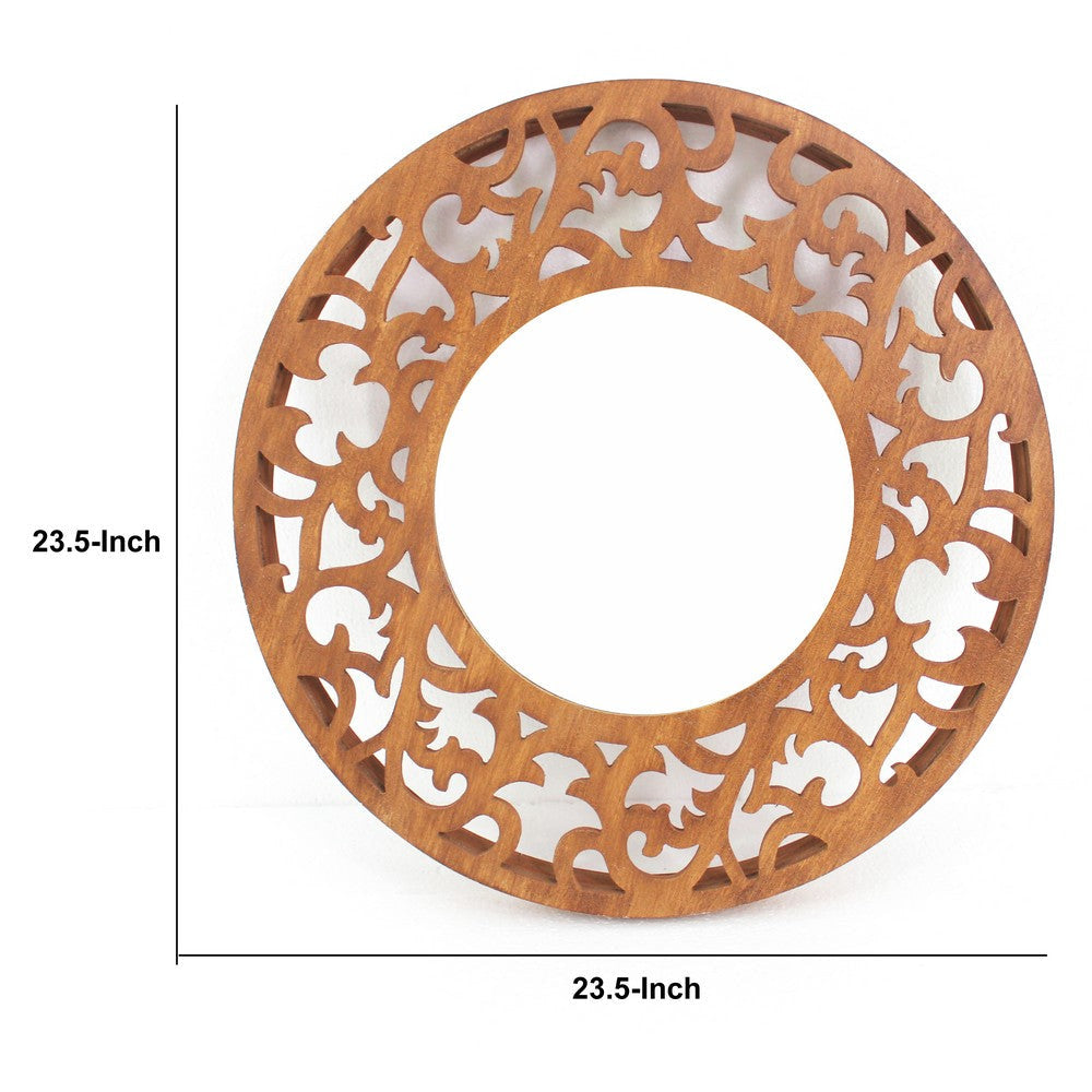 Round Wooden Wall Mirror with Scroll Cut Out Design Silver and Brown BM217267