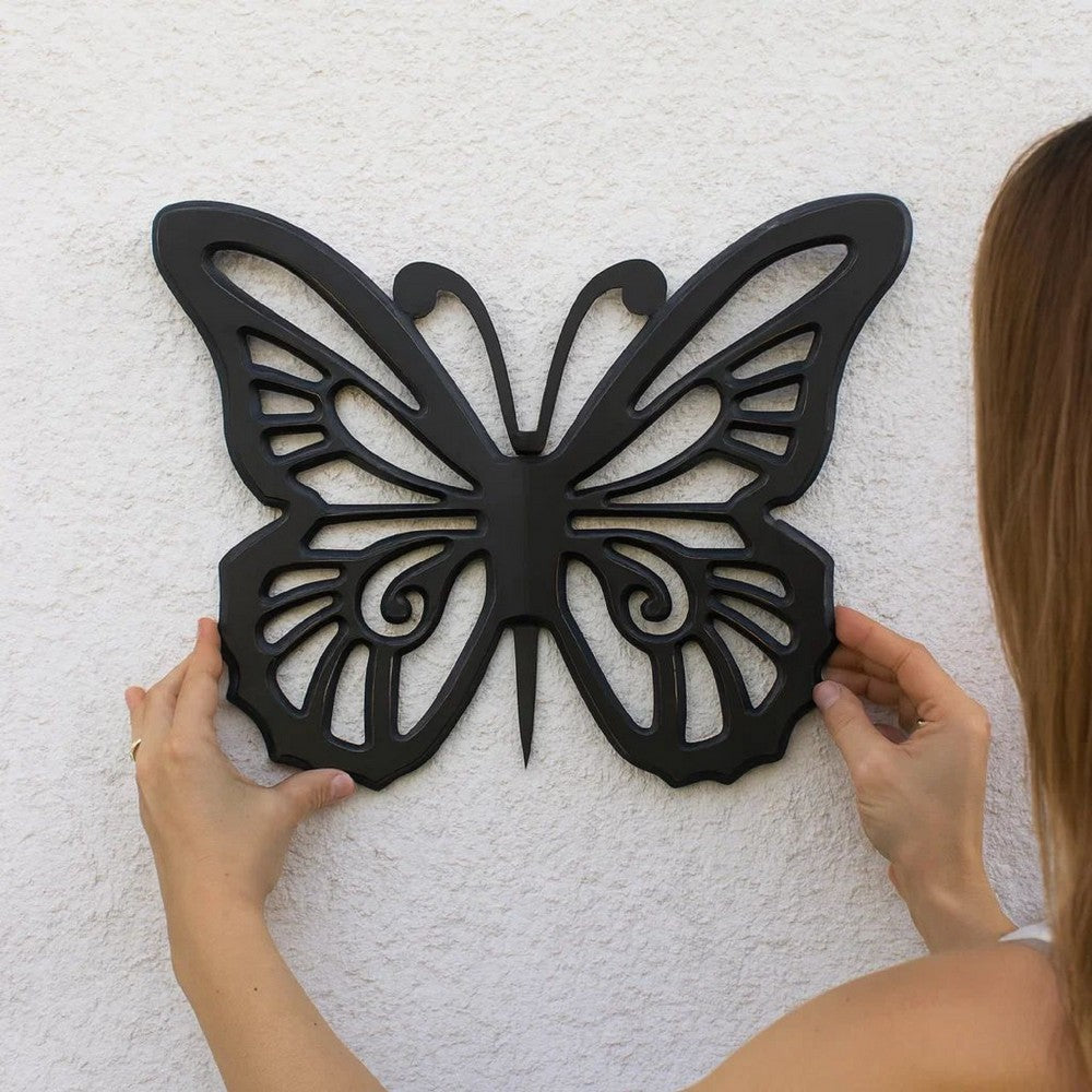 Wooden Butterfly Wall Plaque with Cutout Detail, Black