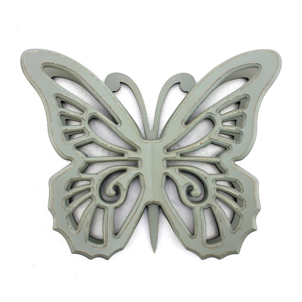 Wooden Butterfly Wall Plaque with Cutout Detail, Light Gray