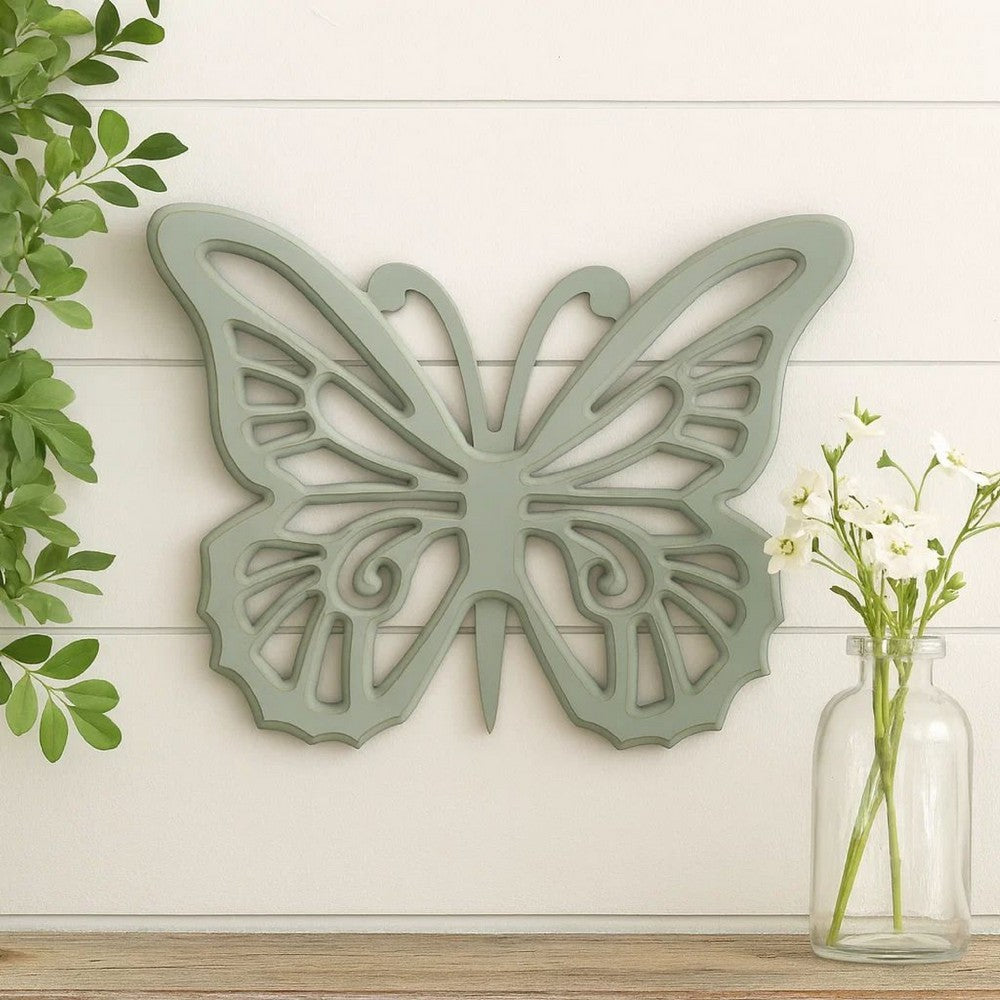 Wooden Butterfly Wall Plaque with Cutout Detail, Light Gray