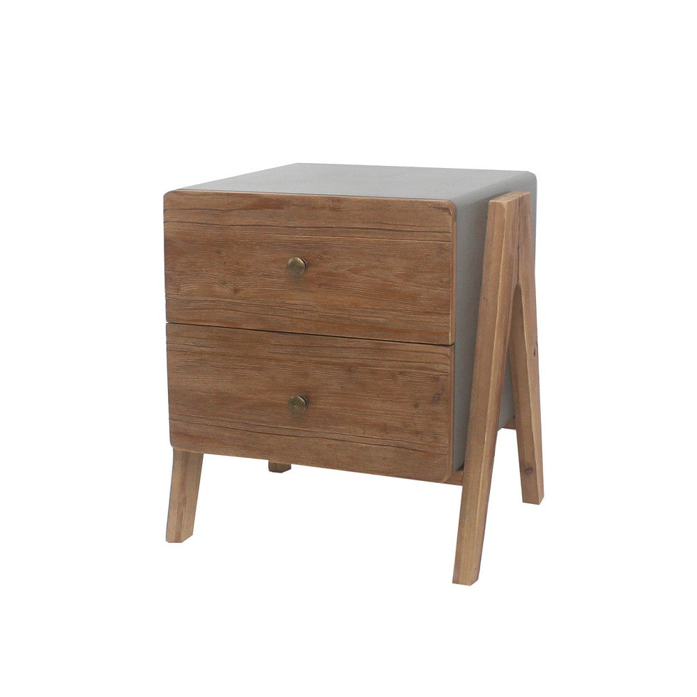 Wooden Side Table with 2 Drawers and A Shape Legs, Brown and Gray By Casagear Home