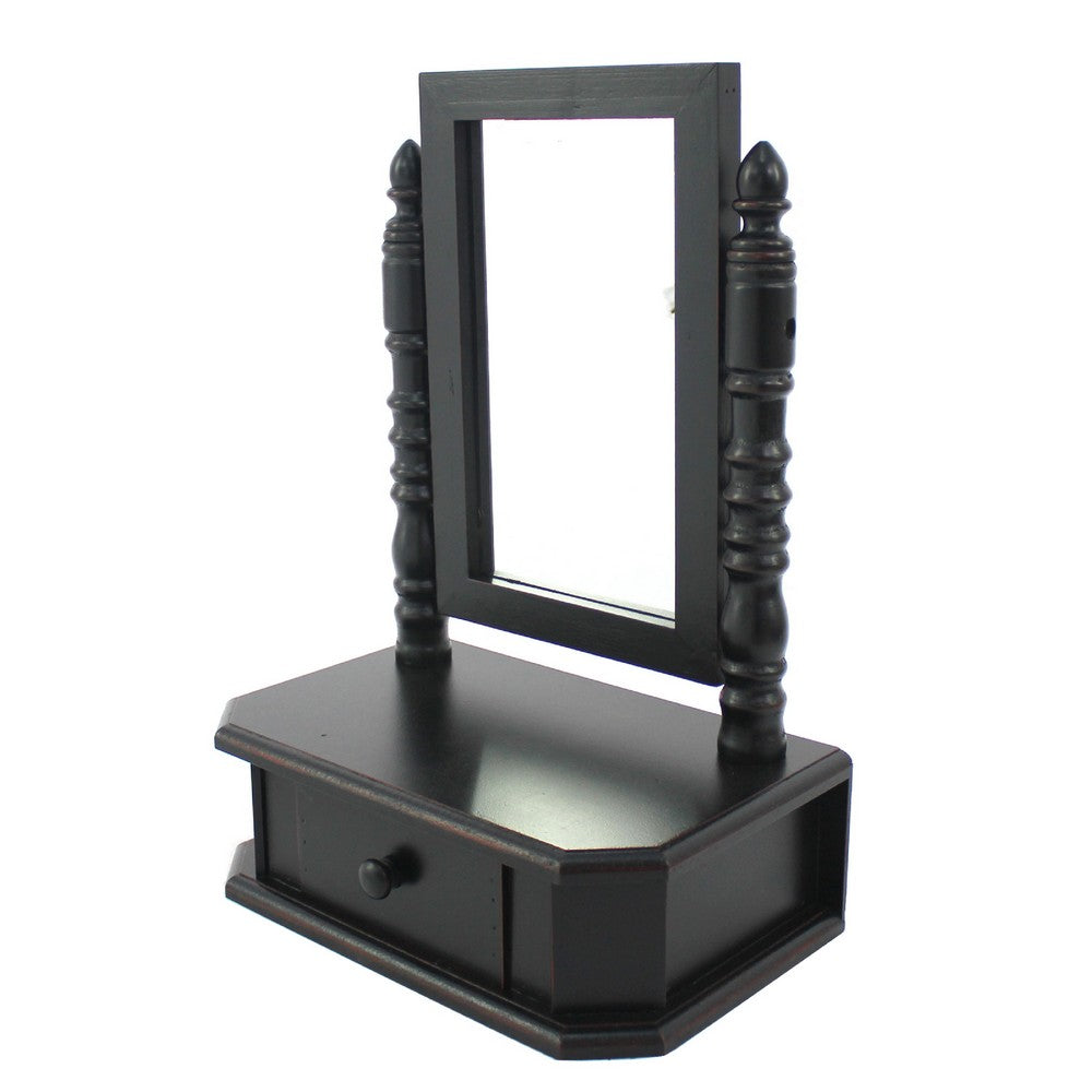 Traditional Wooden Table Mirror with 1 Drawer, Black and Silver