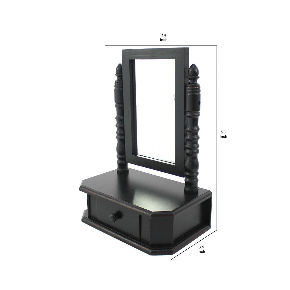 Traditional Wooden Table Mirror with 1 Drawer, Black and Silver